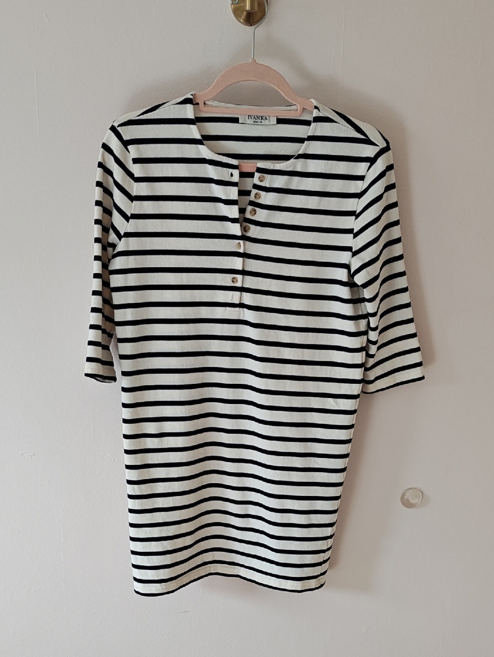 Striped Black and White Midi Dress with Henley Buttons